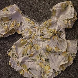 For Love & Lemons White Lemon-Print Ruffle Crop Top